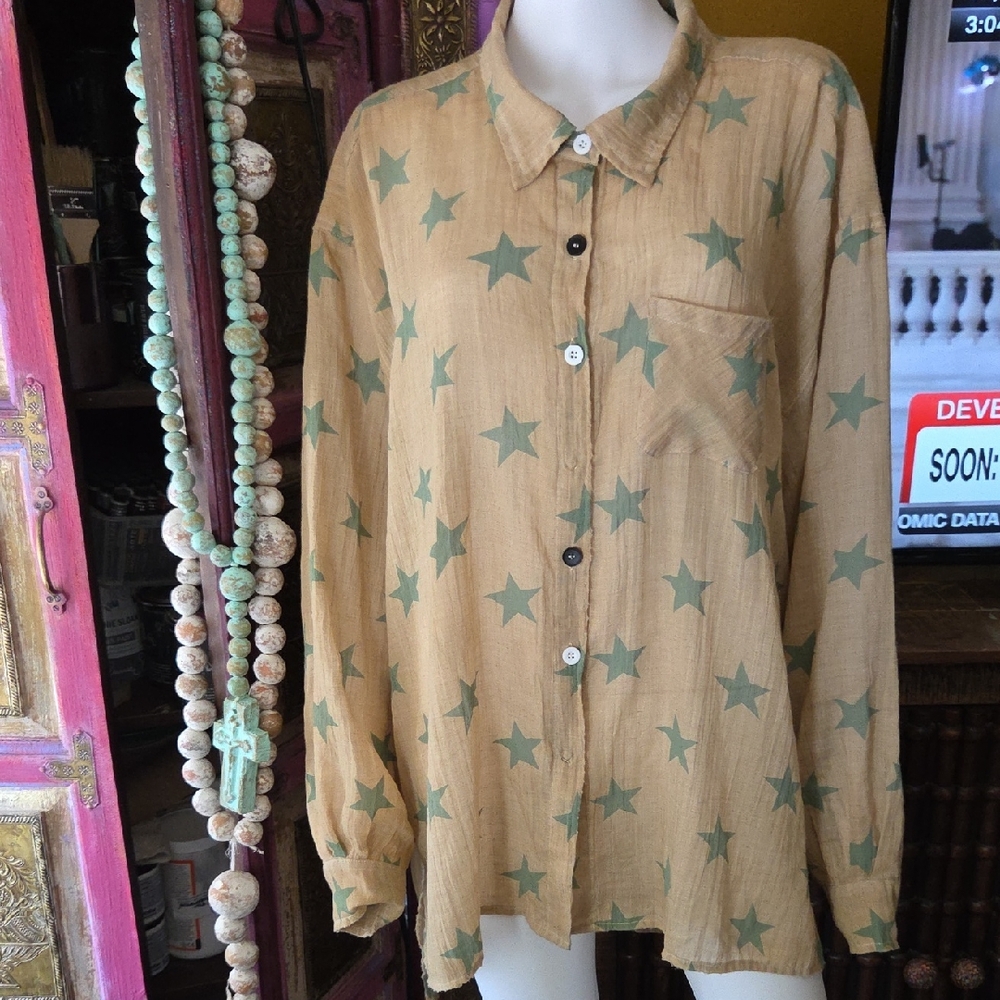 Jaded Gypsy Beige Shirt with Teal Star Pattern